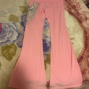 Women's Wide Leg Pink Flare Pants with Decorative Wing Embellishment